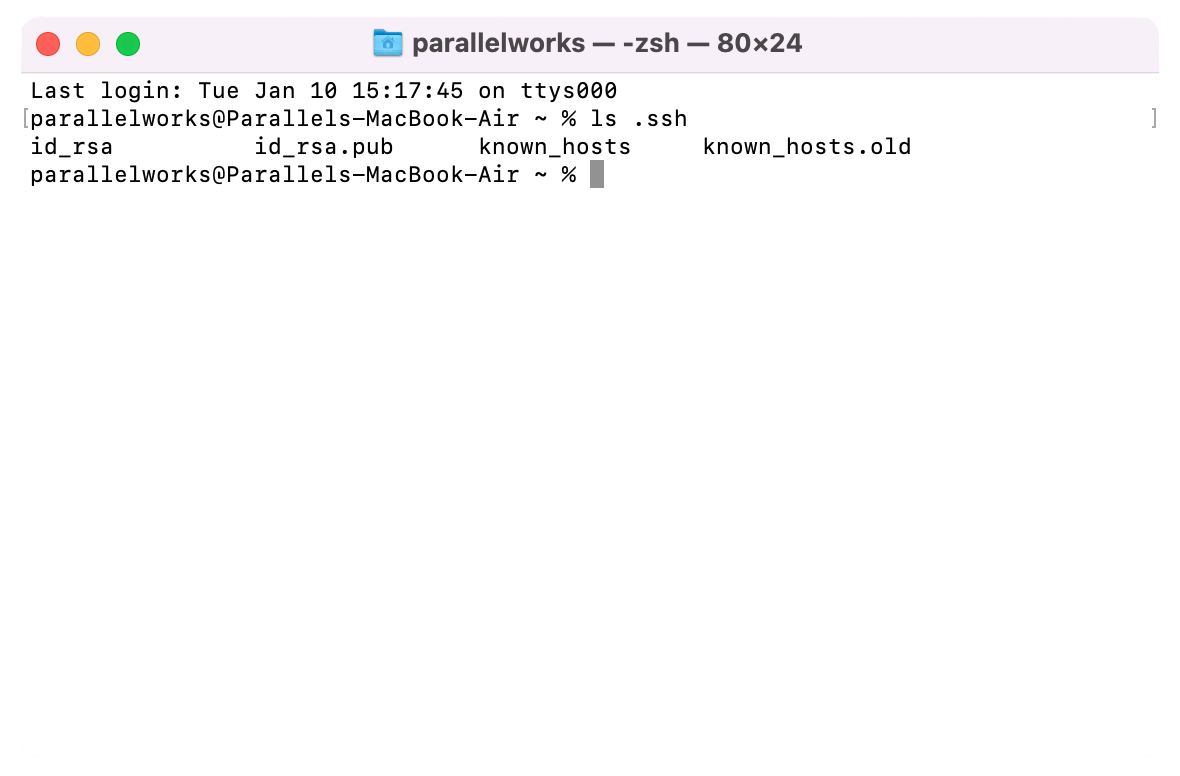 Screenshot of listed SSH keys in a macOS Terminal window.
