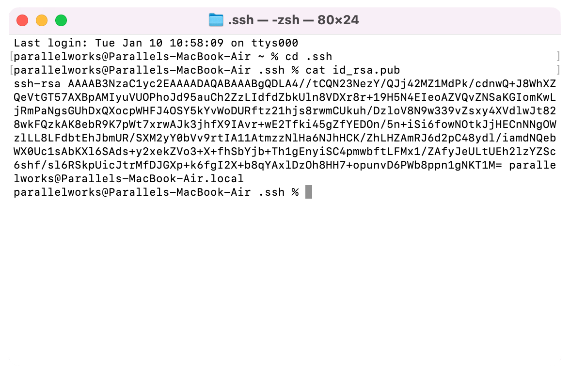 Screenshot of a public SSH key in a macOS Terminal window.