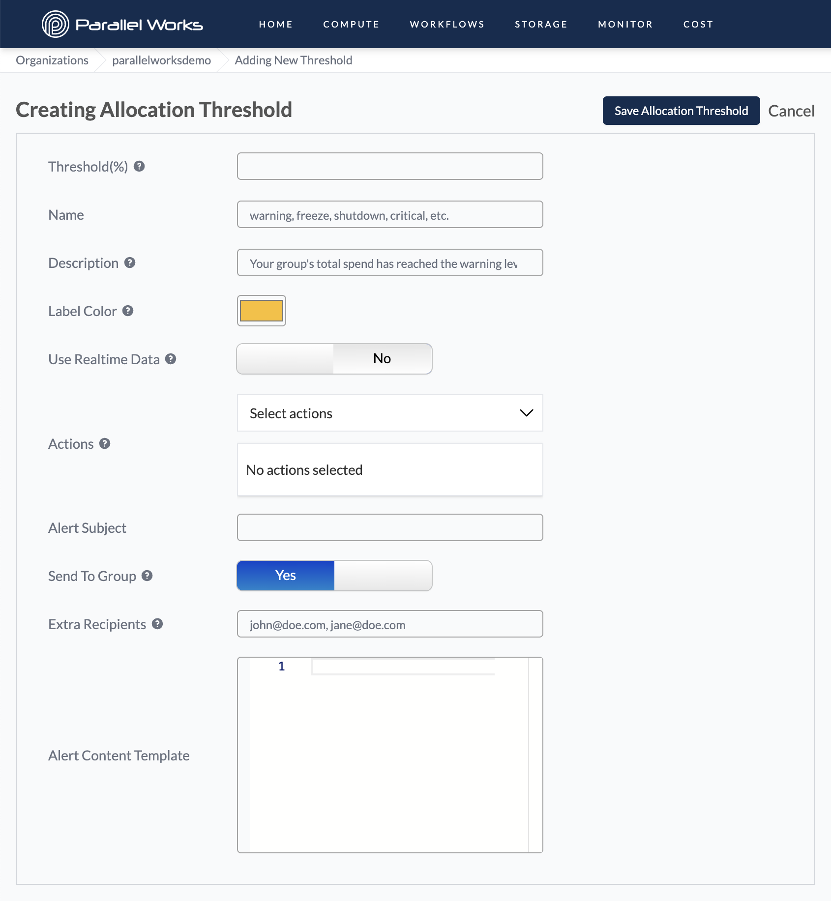 Screenshot of all allocation threshold settings.