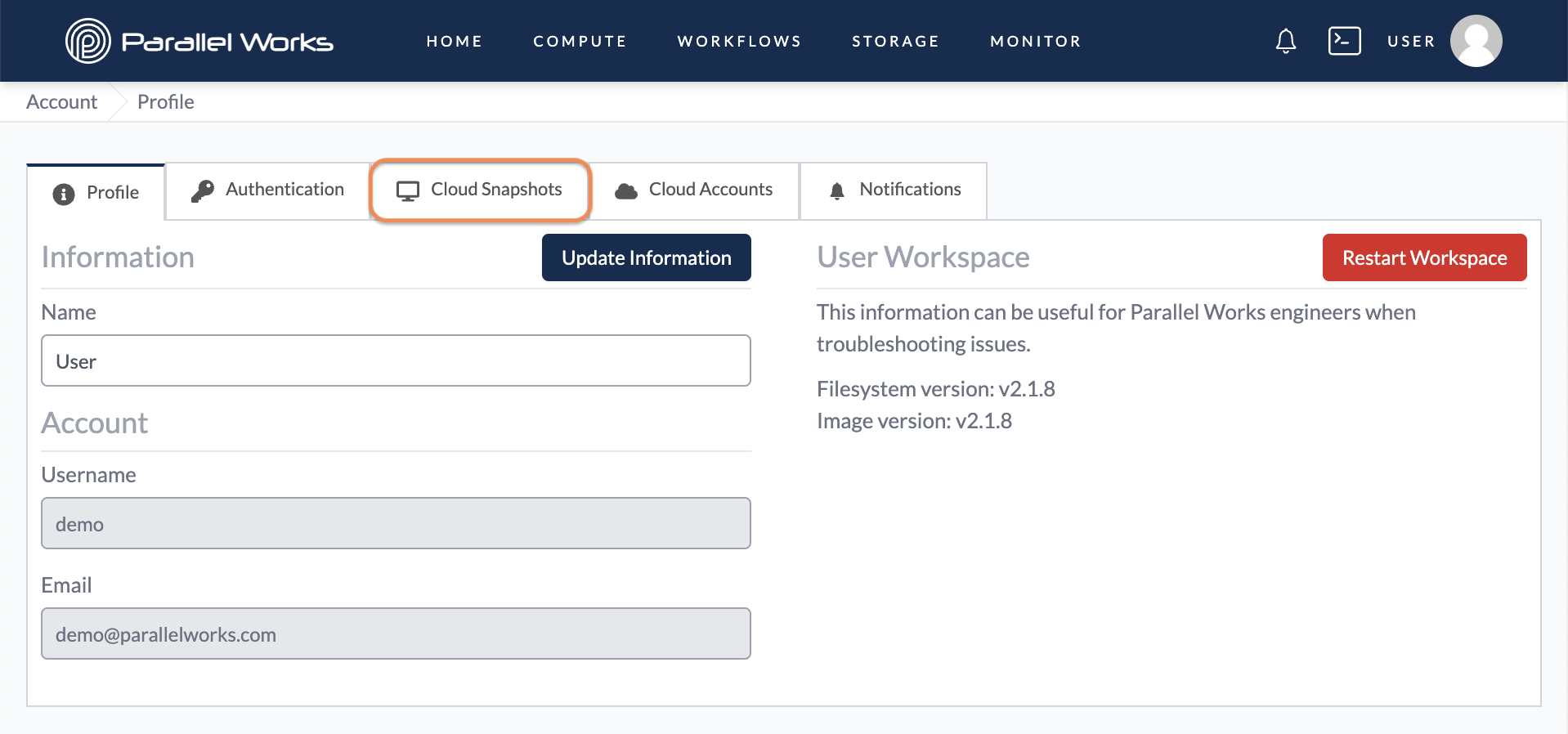 Screenshot of user selecting Cloud Snapshots in their Account settings.