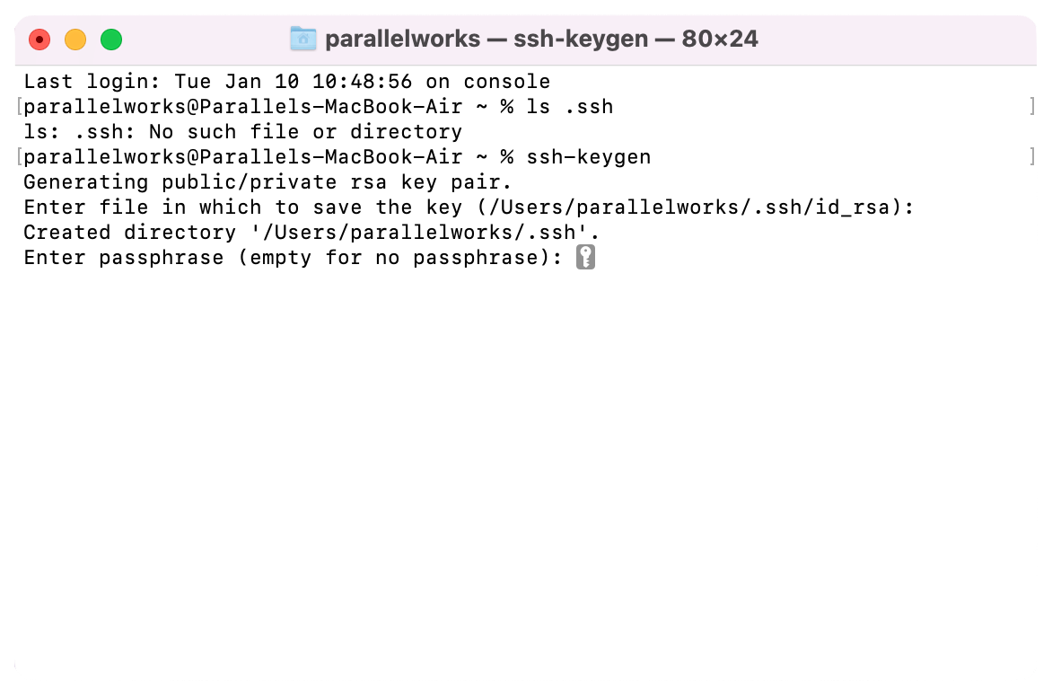 Screenshot of passphrase prompt in a macOS Terminal window.