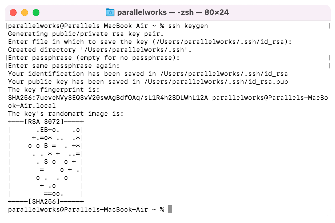 Screenshot of SSH key randomart image in a macOS Terminal window.