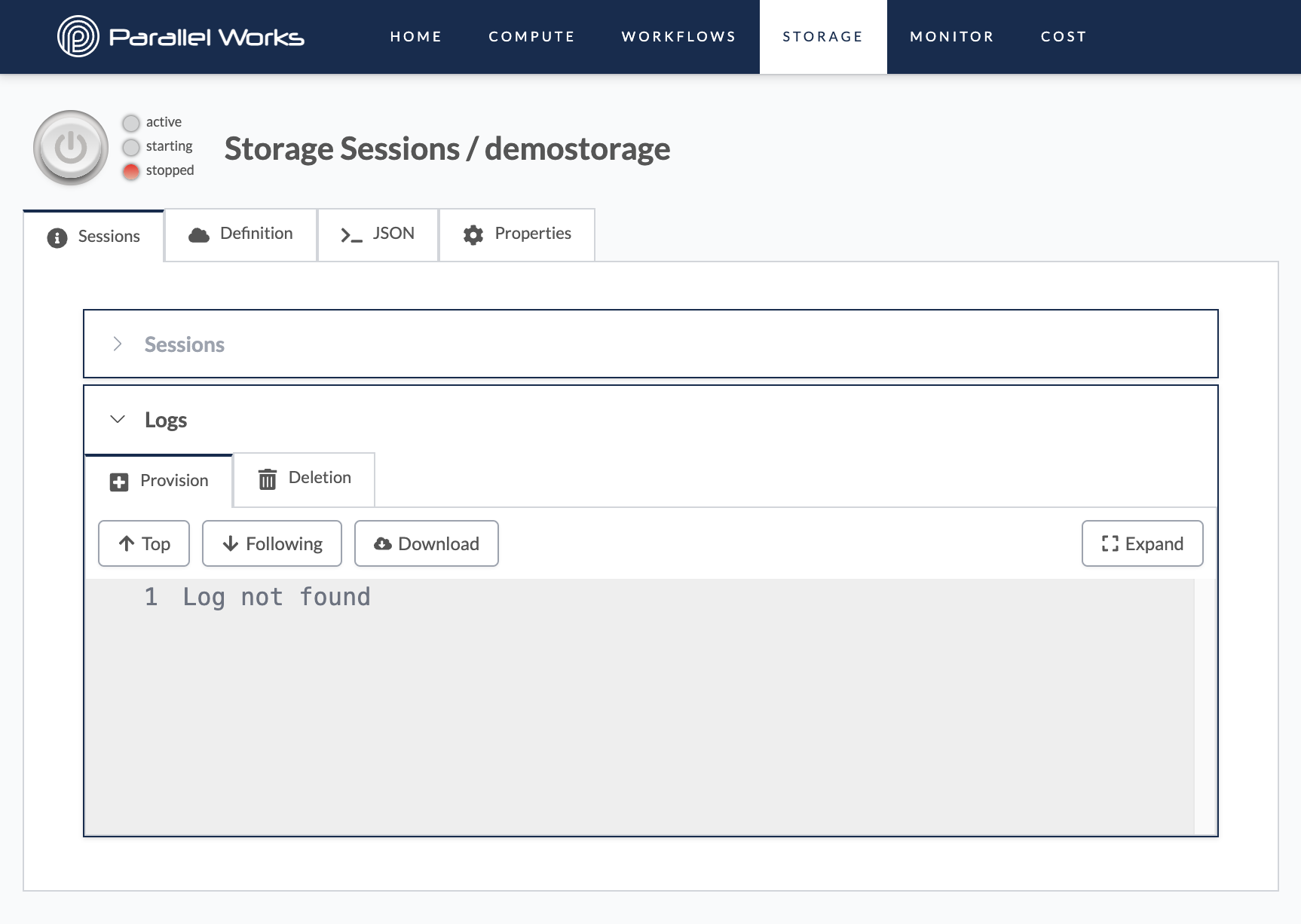 Screenshot of the Sessions tab inside a storage resource&#39;s configuration settings.