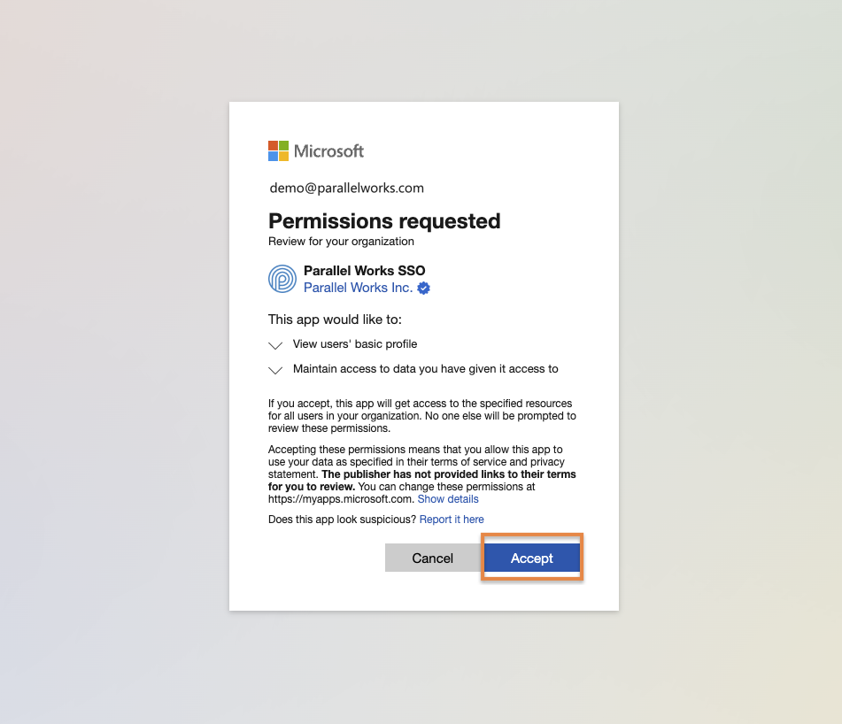 Screenshot of the user clicking the Accept button for PW SSO.