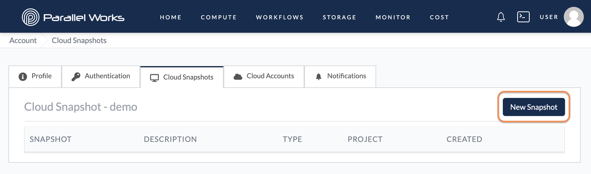 Screenshot of user selecting New Snapshot in the Cloud Snapshots tab.