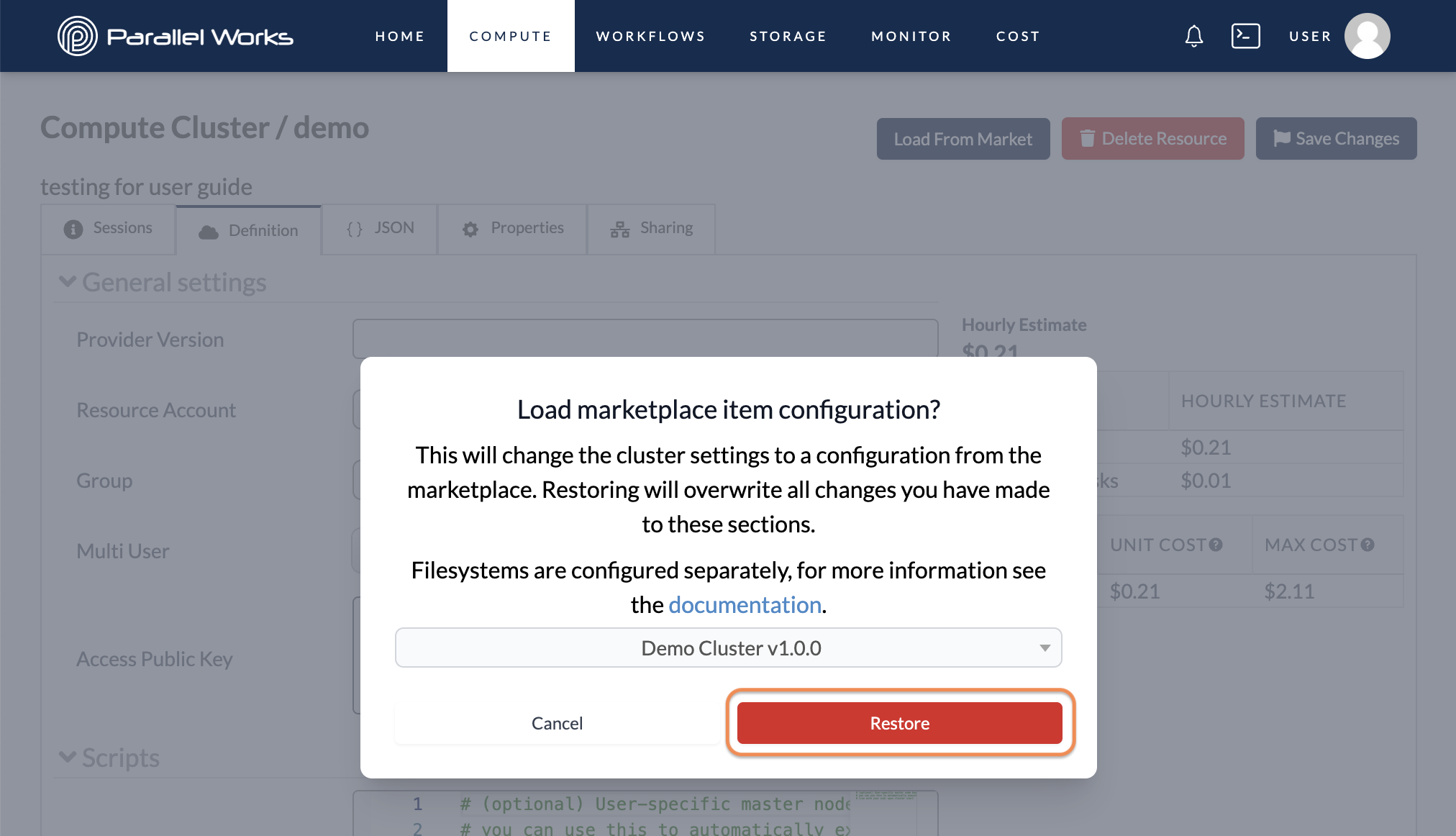 Screenshot of Load From Market button circled on a cluster&#39;s configuration page.