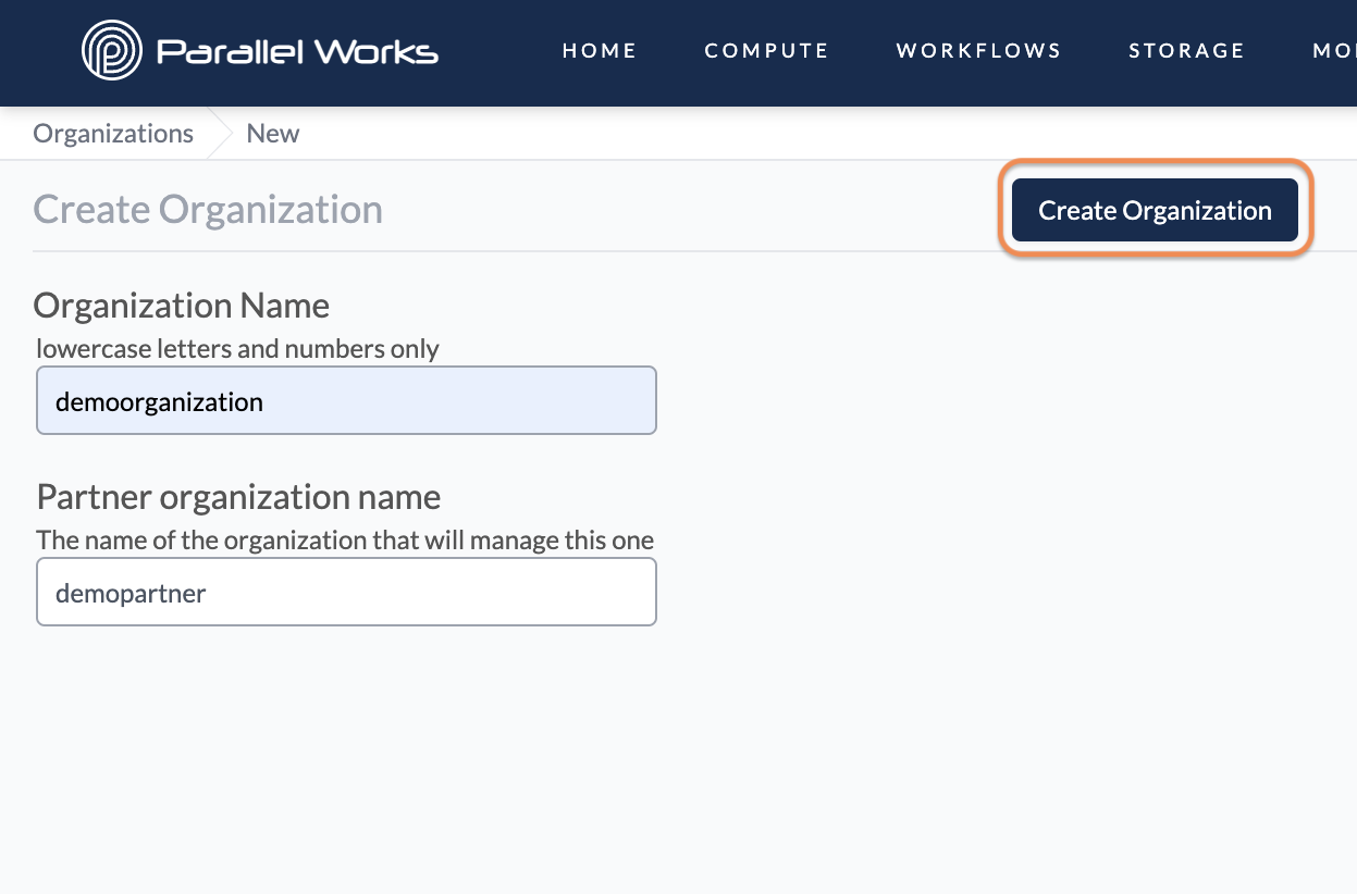 Screenshot of the user clicking Create Organization.