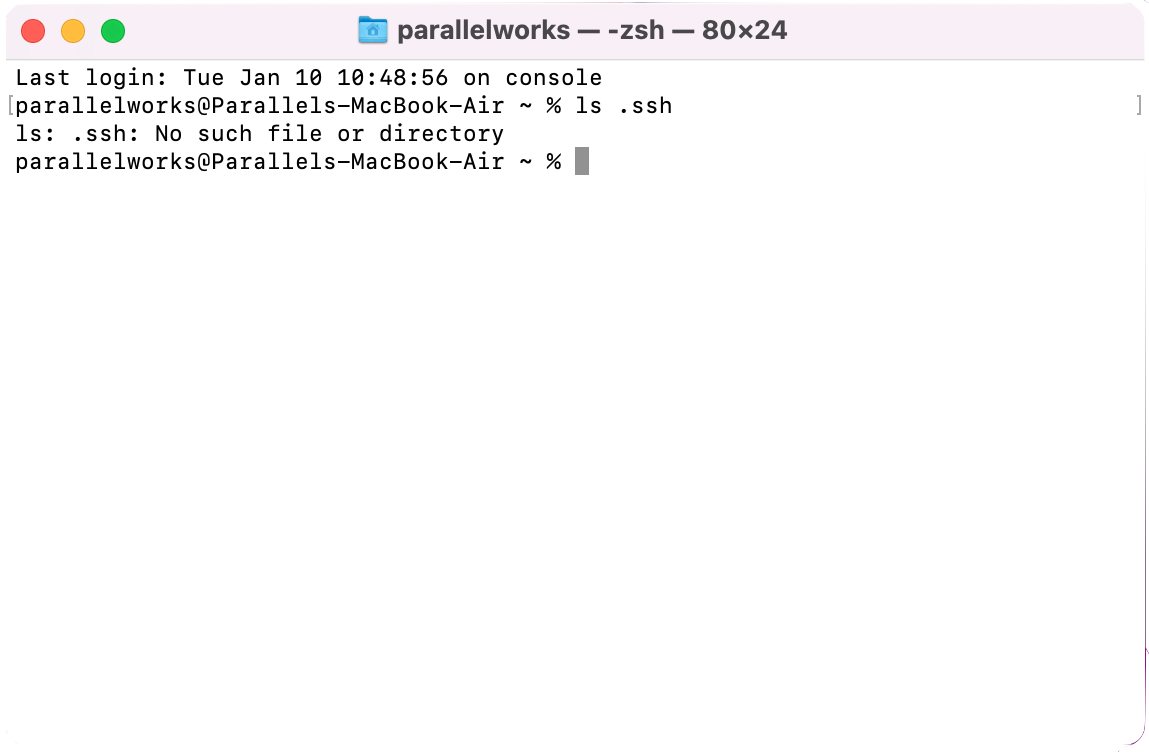 Screenshot of an empty /.ssh/ directory on macOS.