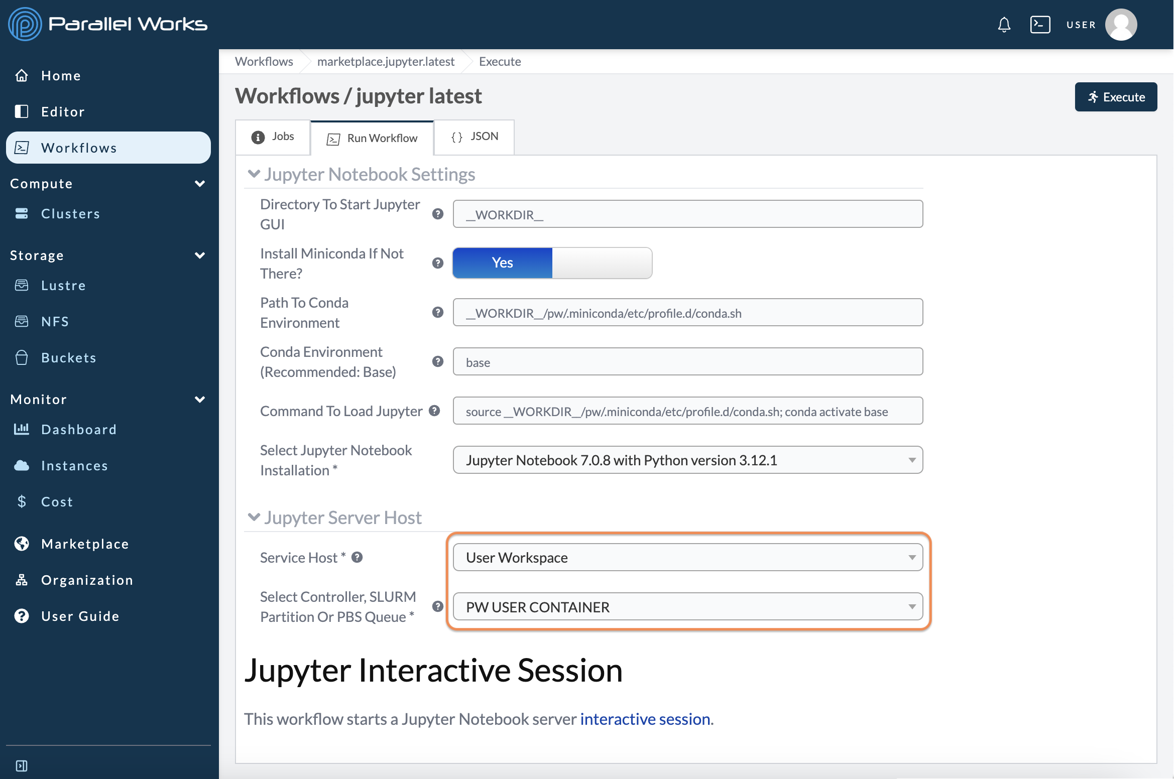 Screenshot of the user selecting the service host and controller.