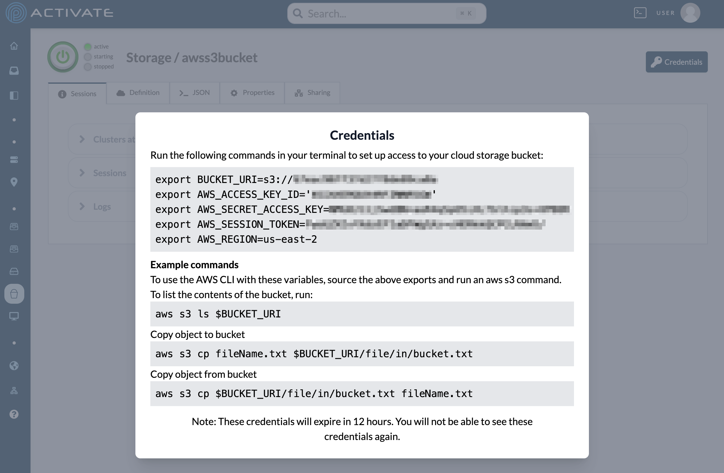 Screenshot of AWS bucket credentials.